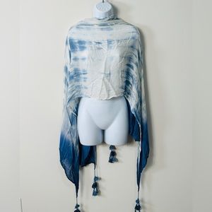 Denim Blue Tie Dye Pom Pom Fringe Corner Scarf Coverup